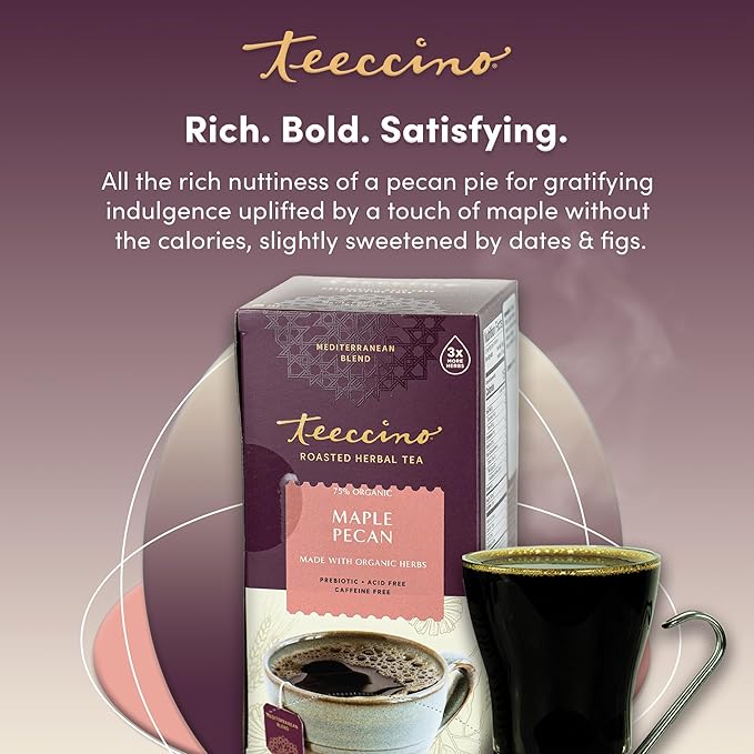 Teeccino Maple Pecan Herbal Tea - Rich & Roasted Herbal Tea That’s Caffeine Free & Prebiotic for Natural Energy, Coffee Alternative, 25 Count