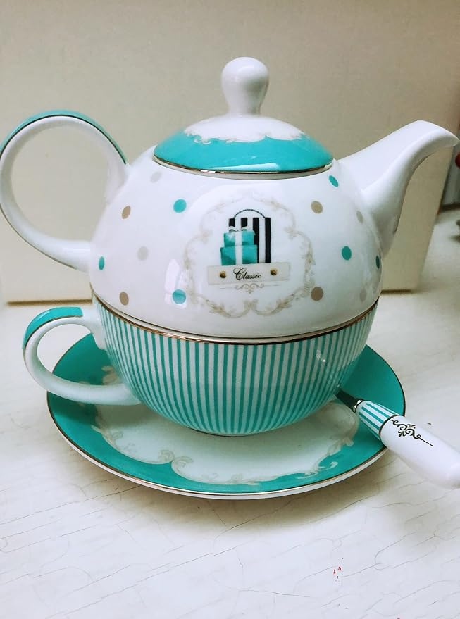 Euro Style Teapot Cup& Saucer Set Art Bone China Ceramic Tea Coffee Cup for Breakfast Home Kitchen (Blue Stripe)