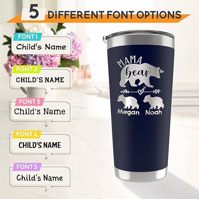 Personalized Mama Bear Tumbler with Engraved Names Up to 6 Cubs, 5 Fonts, 13 Colors, Gifts for Mom from Daughter, Son