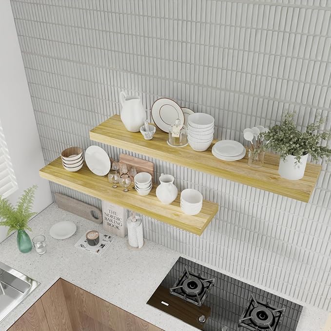 IAE Floating Wall Shelves 48 inch,Bathroom Shelf Wall Mounted,Invisible Shelving Floating Kitchen Shelves,Wooden Wall Shelf with Brackets for Living Room Wall Mounted,Easy Install,Set of 2,Natural