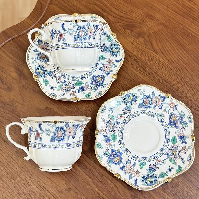 Floral Ceramic Cup Bone China Tea Cup and Saucer Set 6.8 Oz Gold Trim Vintage Style Porcelain Coffee Cup for Home Kitchen Office, Style 1