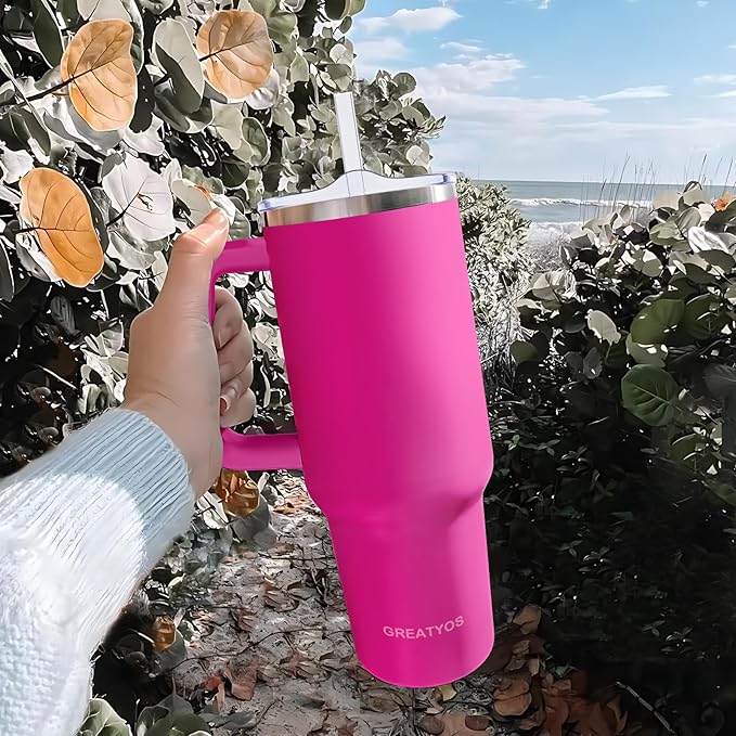 40 oz Tumbler with Handle and Straw Lid Insulated Tumblers Cups with Lids Straws Double Wall Vacuum Leak Proof Stainless Steel 40oz Tumbler Travel Mug Gifts for Men Women Him Her (Camelia)