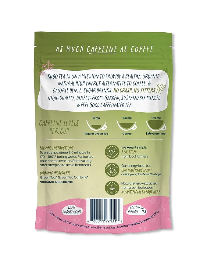 High Caffeine Tea (140 mg) - Kubo Tea: Organic Japanese Matcha Green Tea Bags for Focus, Calm Energy & Clarity | Healthy Coffee Substitute | Matcha Energy Blend | 20 Ct | Compostable Packaging