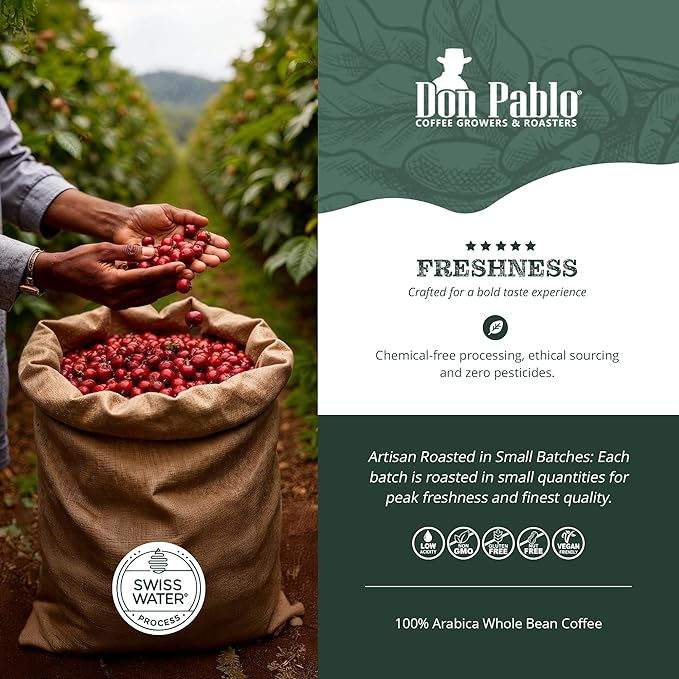 Don Pablo Colombian Decaf - Limited Edition Dark Roast Gourmet Coffee, Swiss Water Process Decaf, 100% Arabica Whole Bean, Non-GMO, Low Acidity, 5 Pound (5 lb) Bag