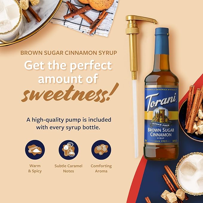 Torani Sugar Free Coffee Syrup, Brown Sugar Cinnamon Flavored Syrup for Drinks, Zero Calorie, Pump Included, 25.4 Fl Oz