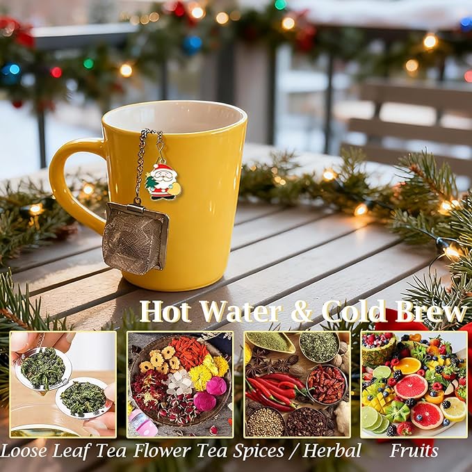 Christmas Tea Ball Set, Stainless Steel Mesh Tea Infuser, Reusable Strainers for Loose Leaf Tea, 2 PCS Tea Steeper with Xmas Wreath and Santa Claus Pendant