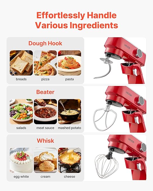 VEVOR Stand Mixer, 7.8 QT Electric Kitchen Mixer, 800W Dough-Mixer, 10 Speeds Tilt-head Food-Mixer with Stainless Steel Bowl, Dough Hook, Whisk, Beater, for Baking, Mixing, Whipping & Kneading, Red