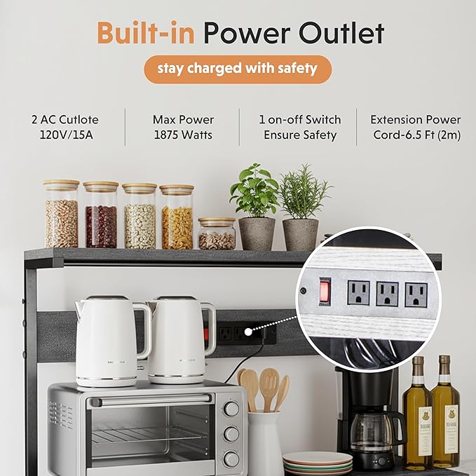Simple Deluxe Kitchen Bakers Rack with Power Outlet, Coffee Bar Accessories Table, 4-Tier Adjustable Storage Shelf for Spices, Freestanding Appliance Organizer, 23.6 Inch, Gray