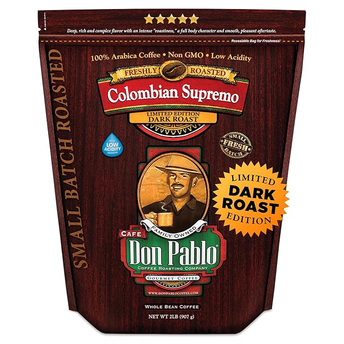 Don Pablo Colombian Supremo - Limited Edition Dark Roast Gourmet Coffee, 100% Arabica Whole Bean, Non-GMO, Low Acidity, 2 Pound (2 lb) Bag