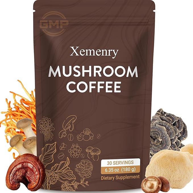 Instant Mushroom Coffee Mix with Lion's Mane, Cordyceps & Turkey Tail | 6-Superfood Blend | Keto & Paleo Friendly | 6.35oz Pouch (30 Servings)