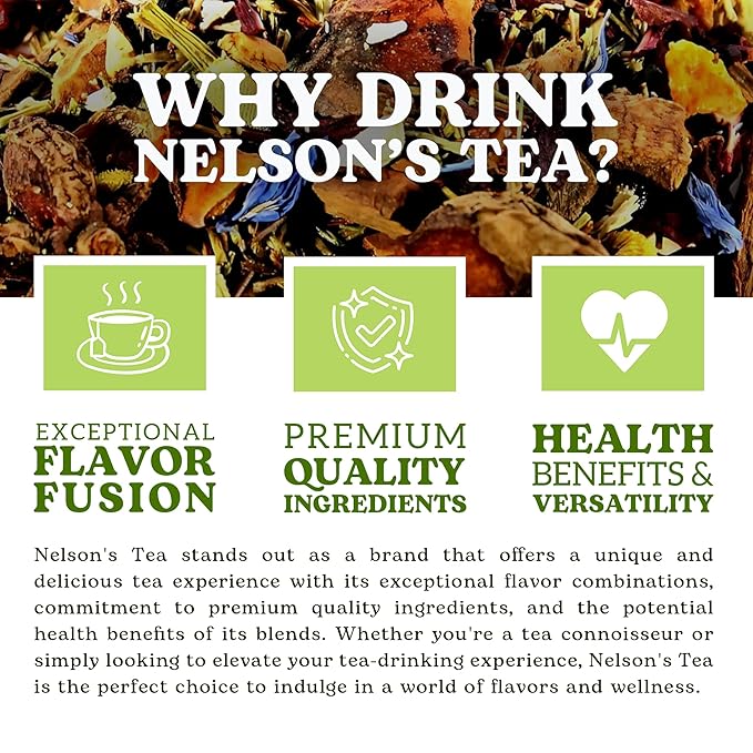 Nelson's Tea - Caffeine Free Spiced Pear Loose Leaf Tea-Blend of Green Rooibos, Hibiscus, Rose Hips, Chicory Root, Chamomile, Dried Pears, Cornflowers, Cinnamon, Star Anise, Orange Peel, and Natural Flavors (Sample 0.4 Oz)