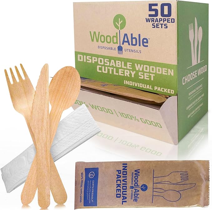 Disposable Wooden Cutlery Set - 100% Home Compostable - Wooden Utensils, Eco-Friendly, Organic, Sustainable and Carbon Neutral Certified - Fork, Knife, Spoon & Napkin - 150