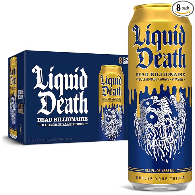 Liquid Death, Dead Billionaire Iced Tea, 8-Pack (19.2oz Cans), Half Lemonade Half Black Tea, Low Calorie, No Artificial Sweeteners, B12 & B6 Vitamins