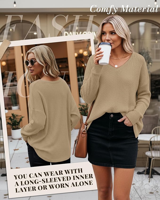 Women's V Neck Sweater Long Sleeve Knit Oversized Shirt Loose Lightweight Fall Casual Pullover Sweater Top
