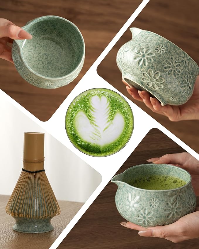 Matcha Whisk Set-7-Piece Ceramic Matcha Kit for Matcha Lovers,Includes 18 oz Matcha Bowl,Bamboo Matcha Whisk & Holder,Bamboo Scoop,Scoop Rest,Sifter,and Tea Towel(Blue)