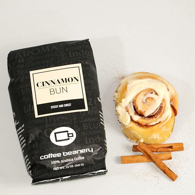 Cinnamon Bun Decaf Coffee by Coffee Beanery | 12oz Flavored Medium Roast Whole Beans | 100% Specialty Arabica Gourmet Coffee