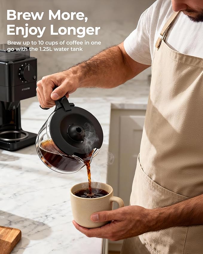 10 Cup Coffee Maker with Grinder Built in, Automatic Grind and Brew Coffee Machine with Glass carafe, Reusable Filter, Auto shut off, Warming plate, for Home Offices or Large Families, Black