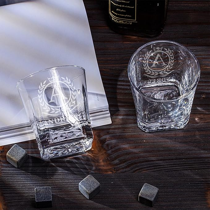 Personalized Name Monogram Whiskey Glass Gift Set - 4 Designs Custom Gift For Him - Personalized Bourbon Cup - 11 oz Engraved Monogram Scotch Glass in Wooden Box - Whiskey Gifts For Men