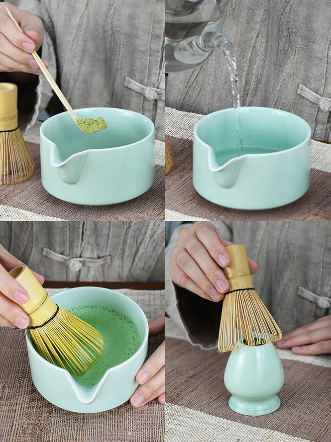 Artcome Premium Matcha Tool Set Green 1, 4 Pcs, Japanese Matcha Set with Bowl, Whisk, Holder, Scoop & Manual