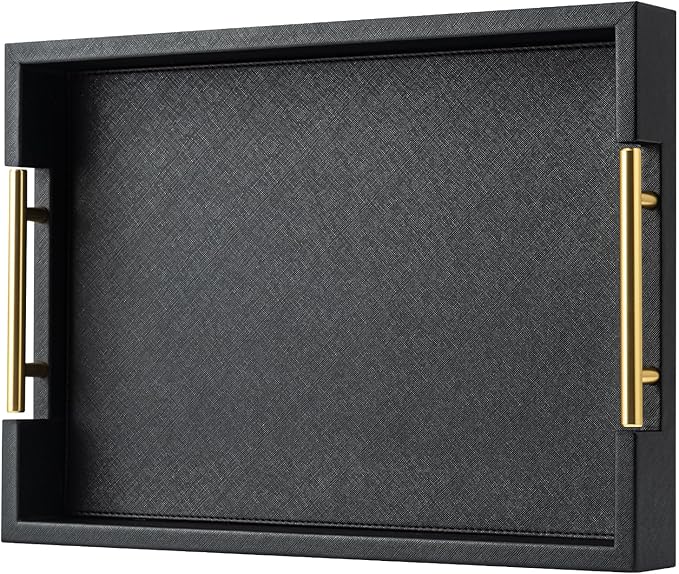 Black Rectangle Serving Tray with Gold Handles for Party,Large Wood Decorative Tray for Ottoman,Faux Leather Coffee Table Tray Decor