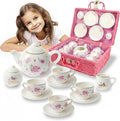 Porcelain Tea Set for Girls - Pink Ceramic Tea Cups with Pink Box - Glass Toy for Kids Party - Ideal Gift for Toddlers and Children's Ages 3 Years Old - Floral Design, 13 Pieces