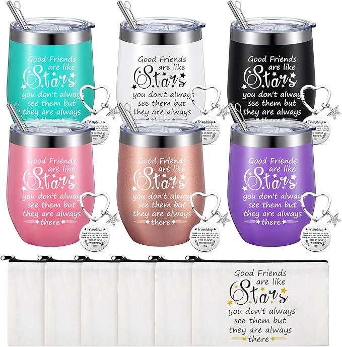 Sliner 6 Pack Friend Gift for Women Christmas Good Friends Are Like Stars Wine Tumbler Cup 12 oz Friendship Canvas Makeup Bag and Inspirational Keychain Xmas Gifts