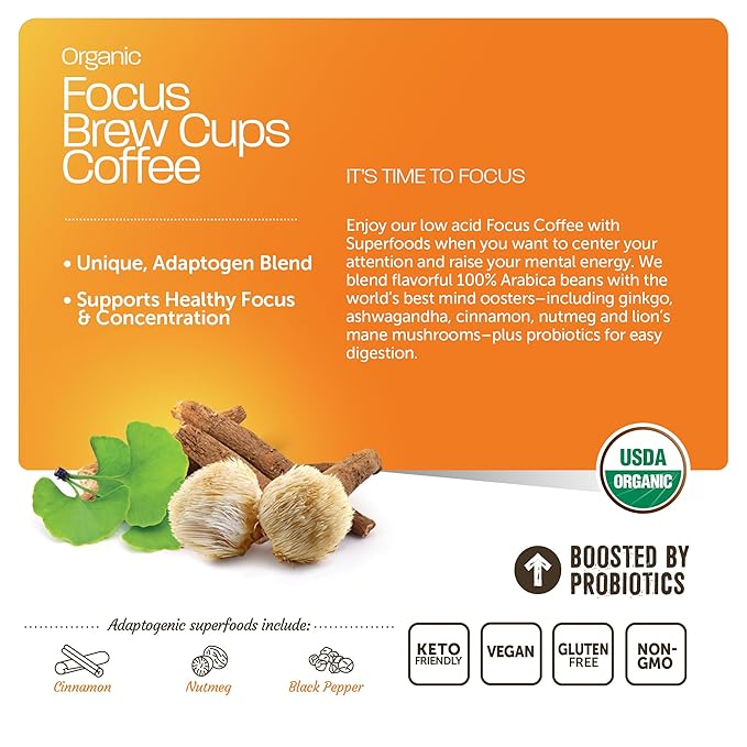 Focus Coffee with Superfoods - Organic Probiotic Mushroom Coffee Pods, Supports Healthy Focus & Digestion, Infused with Ashwagandha, Lion's Mane, and Cinnamon, USDA Certified Organic - 10 Recyclable Single Serve K-Cups - 6 Pack