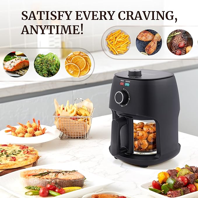 Elite Gourmet EAF2305 Glass Air Fryer, 2.4Qt Capacity, PFAS Free Ceramic Coated Ceralast™ Air Fry Rack, Adjustable Temperature 175°F to 400°F, 30-Minute Timer, 1150-Watts, 15 Recipes, Black