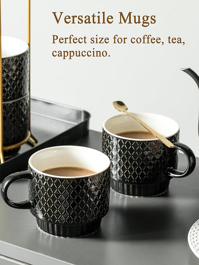 Gomakren Coffee Mugs Set of 4, 13 Ounce Stackable Coffee Mug Set with Stand, Christmas Stoneware Coffee Cup with Spoon for Coffee, Milk, Tea, Cocoa, Black