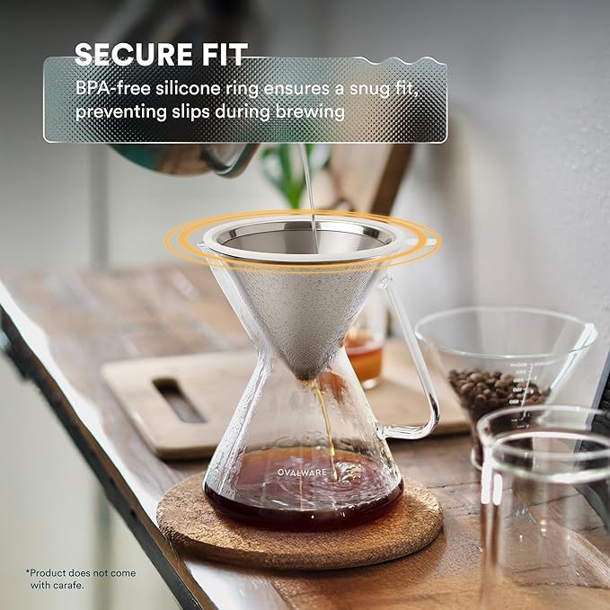 OVALWARE Paperless Stainless Steel Pour Over Coffee Filter – Reusable Permanent Coffee Cone Dripper with Silicone Safety Tab for Easy Removal, Fits Ovalware, Chemex, Hario & Other Carafes
