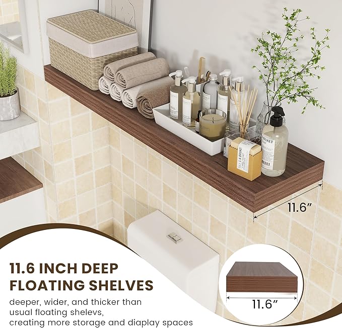 48 Inch Walnut Floating Shelf | 12 Inch Deep Floating Shelves Set of 1 | 48" D x 12" D Rustic Wood Shelves for Wall | Deep Walnut Shelves for Living Room Bathroom Laundry Room Kitchen