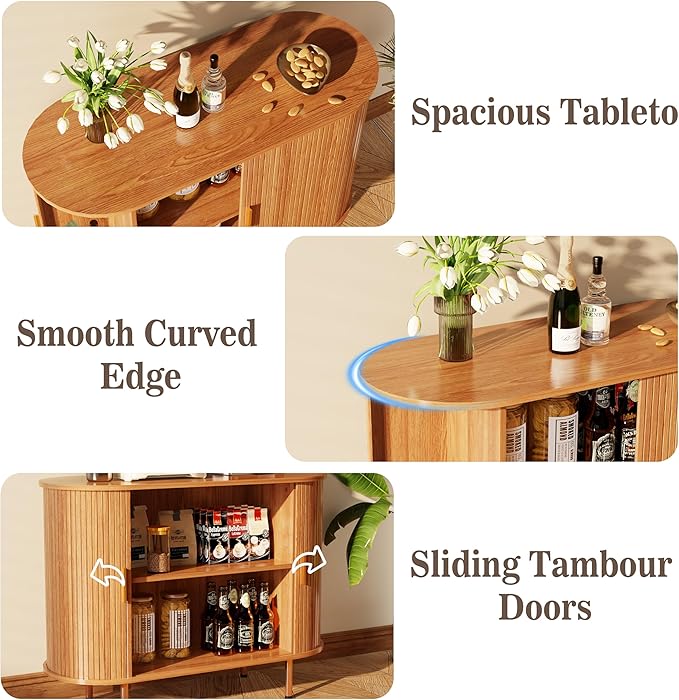 DHH Sideboard Buffet Cabinet with Storage,Mid Century Modern Fluted Accent Coffee Bar Console Table,Tambour Sliding Doors& Adjustable Shelf for Kitchen, Living Room, Entryway (Yellow walnut40 Inch)