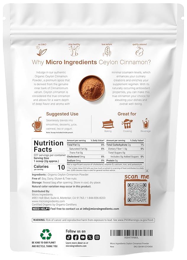 Organic Ceylon Cinnamon Powder, 1 lb | Premium Sri Lanka Source | Sweet & Earthy Flavor | Great for Baking, Cooking & Drinks | Additive Free, Non-GMO, Bulk Supply