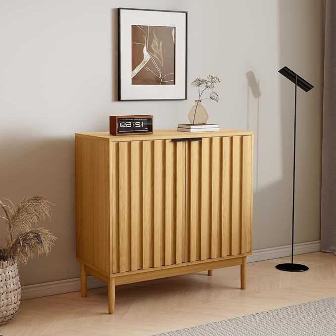 Fluted Cabinet with Storage, Buffet Cabinet Sideborad with 2 Doors, Natural Buffet Storage Accent Cabinets with Adjustable Shelves for Living Room, Entry, Hallway, Kitchen