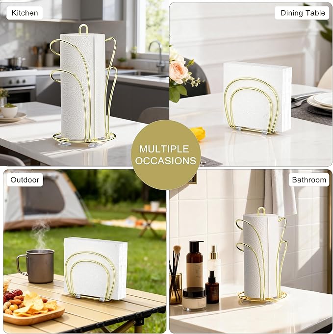 SZQINJI Paper Towel Holder Countertop, Gold Paper Towel Roll Holder with Weighted Base 4 Suction Cups and Paper Napkin Holder Set, Standing Paper Towel Holder for Kitchen Dining Table Picnic