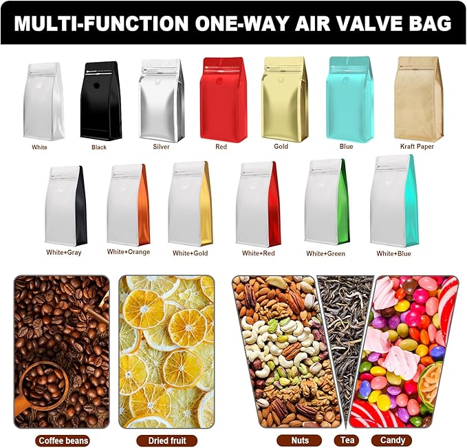 Coffee Bags with Valve(60pcs,8 oz,1/2 lb) Vented Coffee Beans Packaging Bags High Barrier Aluminumed Foil Flat Bottom Heat Sealed Side Zipper Resealable Storage Bag for Home or Business（White+Black）