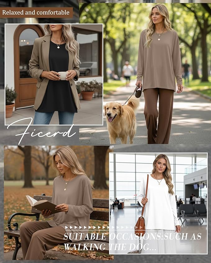 Ficerd 3 Pack Women's Oversized Long Sleeve Shirts Cotton Gym Round Neck Tops Loose Fit Casual Workout Baggy Fall Basic Tee