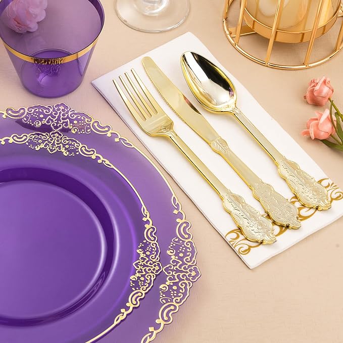 175PCS Clear Purple Plastic Plates for 25 Guests, Disposable Plates with Gold Trim include 25 Dinner Plates, 25 Dessert Plates, 75 Gold Silverware, 25 Cups, 25 Napkins for Party, Wedding