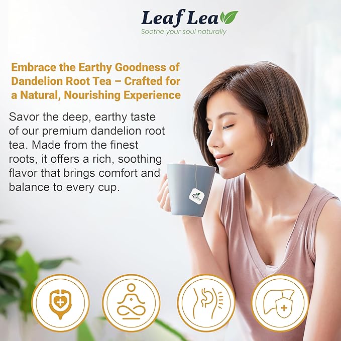 LeafLea Dandelion Root Tea Bags, 160 Dandelion Tea Bags, Natural Dried Dandelion Root, Caffeine-Free, Vegan, Gluten-Free, No Sugar, Sealed for Fresh Flavor, 4 Pack