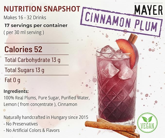 Mayer Premium Cinnamon Plum Syrup – Award-Winning, All-Natural, Vegan, Gluten-Free, Made with 100% Real Fruits, (16.9oz), Perfect Coffee Syrup & Cocktail Syrup, No Artificial Additives (1 Pack)