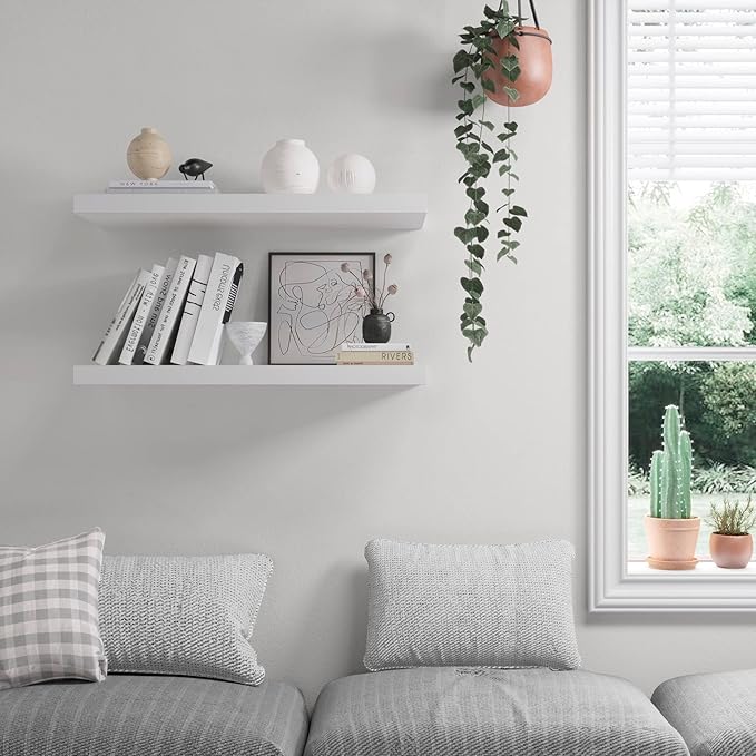 Floating Shelf, Set of 3 Wall Shelf, 24 in W x 12.75 in D x 2 in H Wooden Floating Wall Shelf with Invisible Brackets for Living Room/Bedroom/Bathroom/Kitchen Storage and Decor, White