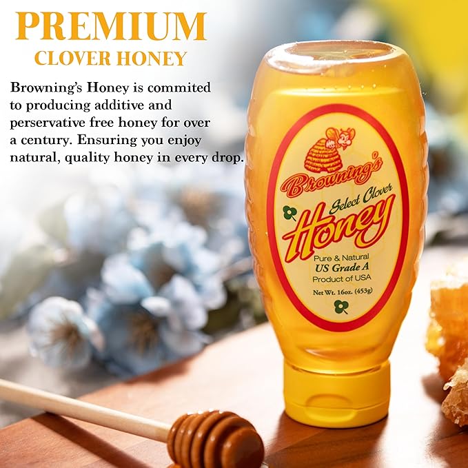 Browning's Honey Jug - Pure Raw Clover Honey, Natural Sweetener, Unfiltered and Unpasteurized, Perfect for Cooking, Baking, and Beverages (16 oz Squeeze Bottle)