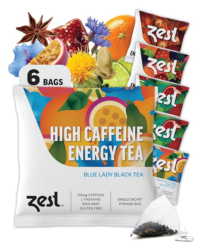 Zest Energy Tea Assortment Box – High Caffeine Tea Bags Sampler with Black & Green Tea – Caffeinated Coffee Alternative for Morning Focus – 6 Tea Bags – 135-150mg Caf per Cup – Natural, Non-GMO, Keto