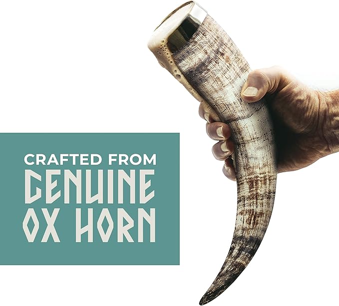 Norse Tradesman Genuine 12" Ox-Horn Viking Drinking Horn with Brass Rim, Brown Leather Belt Holster, Fitted Stand & Burlap Gift Sack - The Classic, 12-Inches, Low Polish