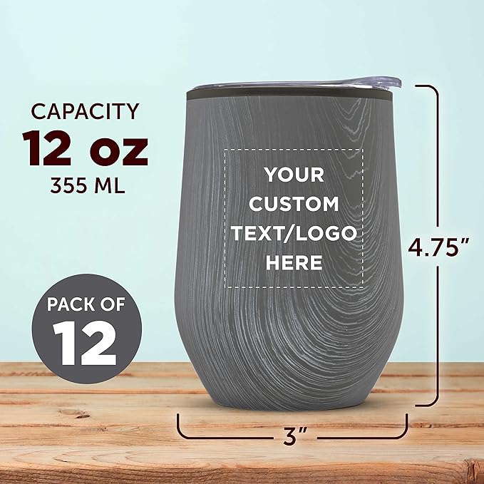 Custom Palmera Stemless Wine Tumblers with Lids 12 oz. Set of 12, Personalized Bulk Pack - Perfect for Wine, Cocktails, Other Hot & Cold Beverages - Rustic Grey