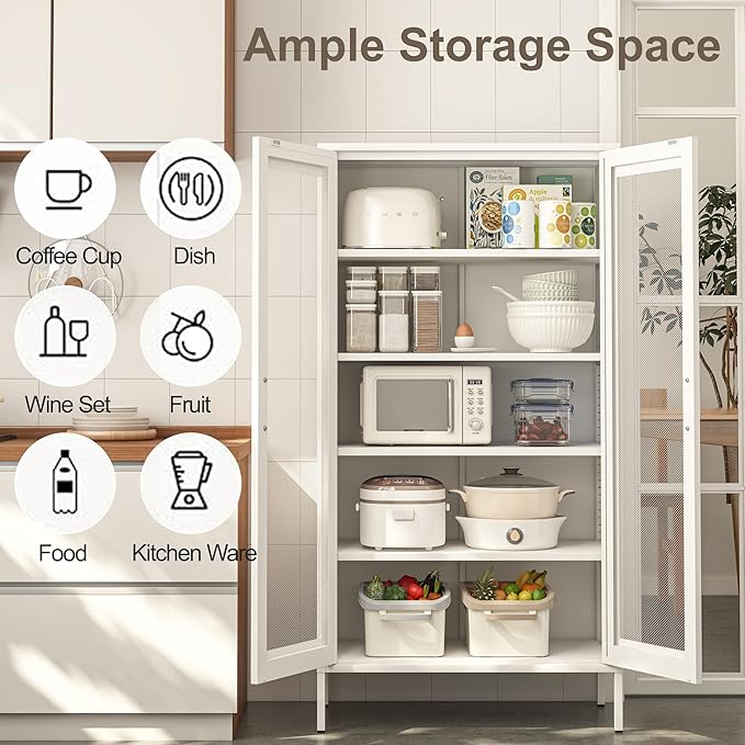 Metal Storage Cabinet,72H Display Cabinets with 2 Mesh Door,Pantry Organizers and Storage,Display Shelves for Collectibles,Storage Cabinet for Home, Office, Bookcase(White)