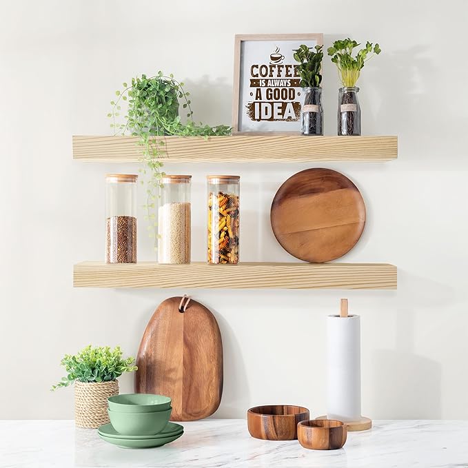 Sorbus Wood Floating Shelves for Wall - 24” Solid Wood Shelves for Bathroom Decor, Books, Bedroom & Living Room - Set of 2 Natural Wall Mounted Kitchen Shelves - Durable Solid Pine
