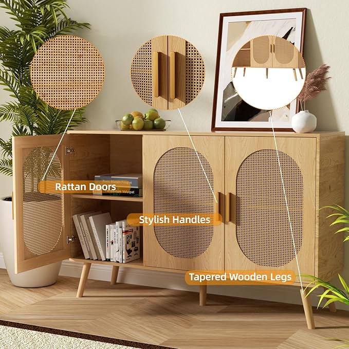 Modern Rattan Storage Cabinet with Doors, Wood Sideboard Buffet Cabinet for Living Room, Entryway, Dining Room (3-Door)