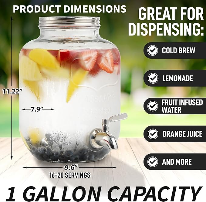 Zulay Kitchen 1 Gallon Cold Brew Coffee Maker – Thick Glass Pitcher with Stainless Steel Filter, Lid & Spout – Large Mason Jar Container Dispenser - Iced Coffee & Sun Tea Brewer for Fridge – Silver