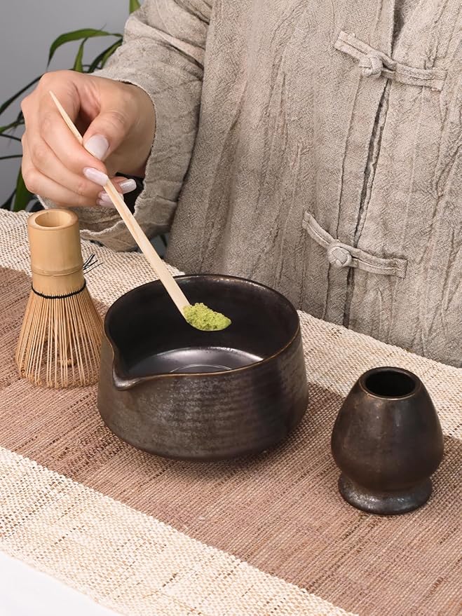 Artcome Matcha Tool Set - Complete Kit with Matcha Bowl with Spout, Bamboo Whisk, Tea Scoop & Whisk Holder, Antique Finish